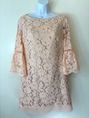 Eliza J Lace Sheath Dress Blush Pink 10P Trumpet Sleeve Wedding Guest